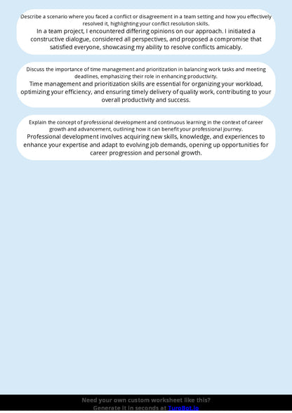 Free Worksheet - Year 10 Life Skills Preparing for Job Interviews and Workplaces Short Answer Response
