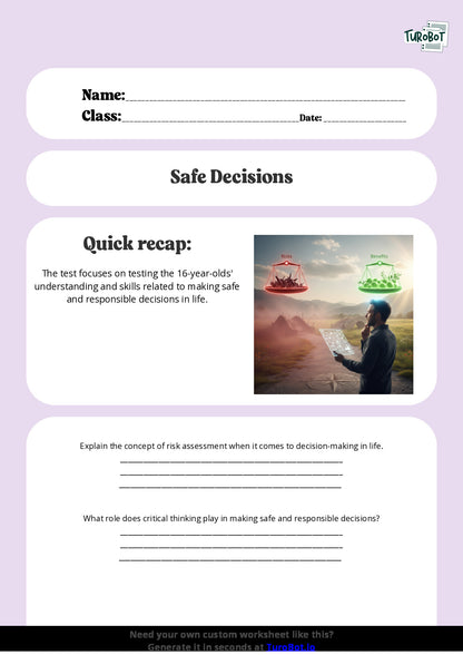 Free Worksheet - Year 11 Life Skills Making Safe and Responsible Decisions Short Answer Response