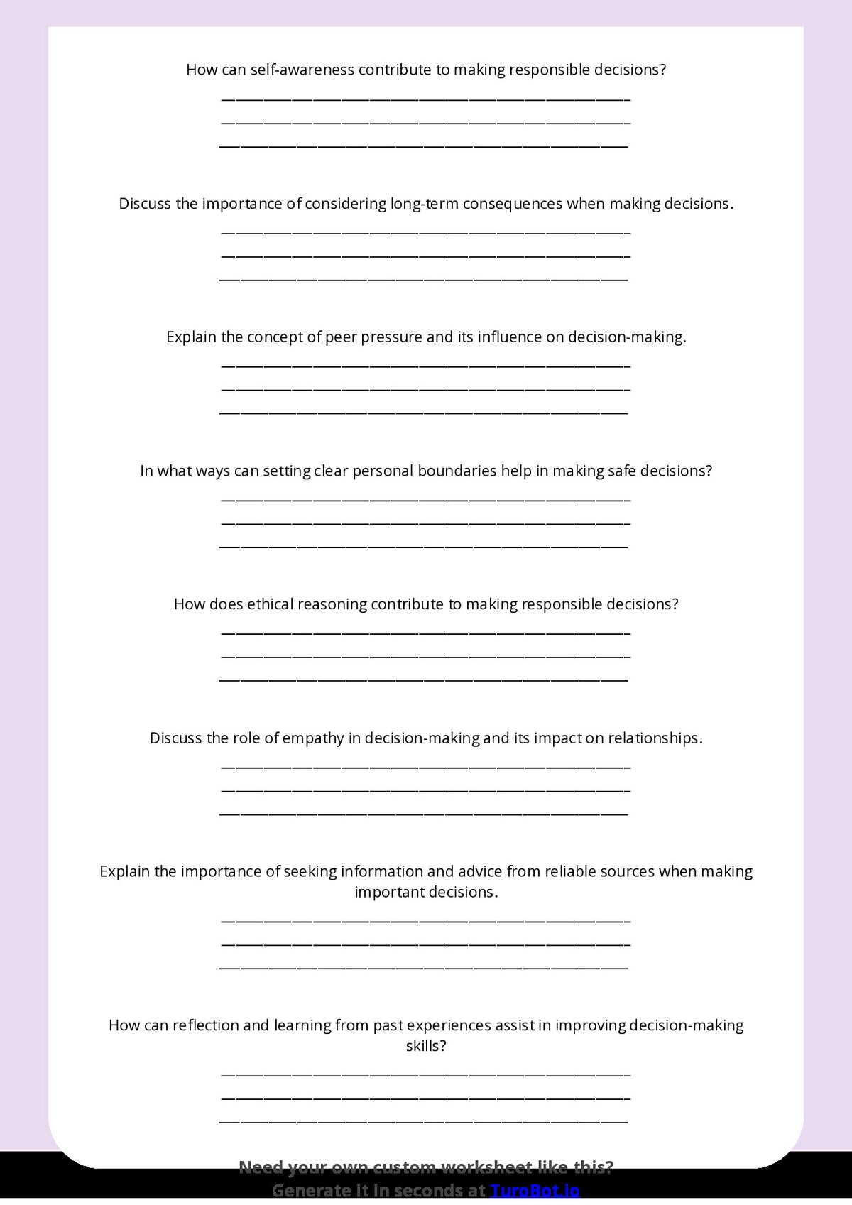 Free Worksheet - Year 11 Life Skills Making Safe and Responsible Decisions Short Answer Response
