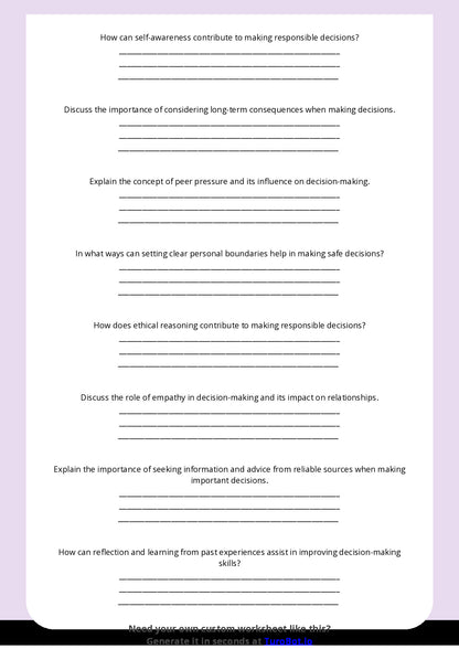 Free Worksheet - Year 11 Life Skills Making Safe and Responsible Decisions Short Answer Response