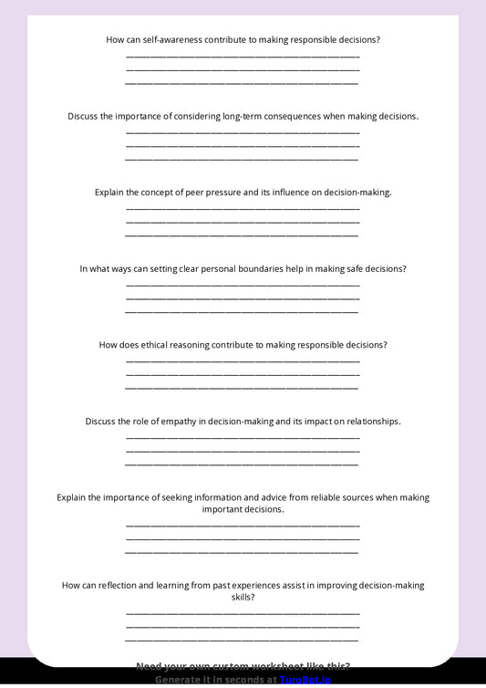 Free Worksheet - Year 11 Life Skills Making Safe and Responsible Decisions Short Answer Response