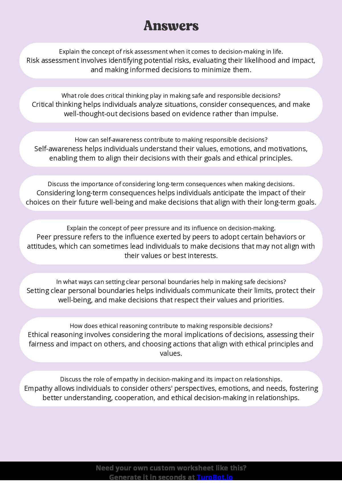 Free Worksheet - Year 11 Life Skills Making Safe and Responsible Decisions Short Answer Response