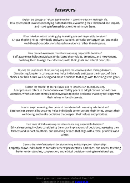 Free Worksheet - Year 11 Life Skills Making Safe and Responsible Decisions Short Answer Response