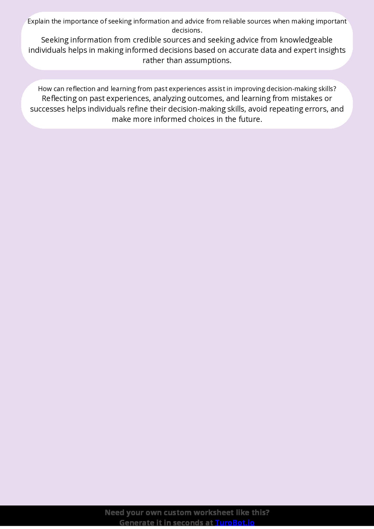 Free Worksheet - Year 11 Life Skills Making Safe and Responsible Decisions Short Answer Response