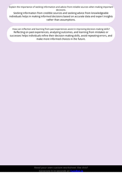 Free Worksheet - Year 11 Life Skills Making Safe and Responsible Decisions Short Answer Response