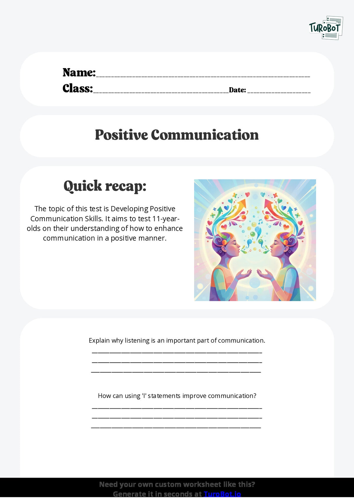 Free Worksheet - Year 6 Life Skills Developing Positive Communication Skills Short Answer Response