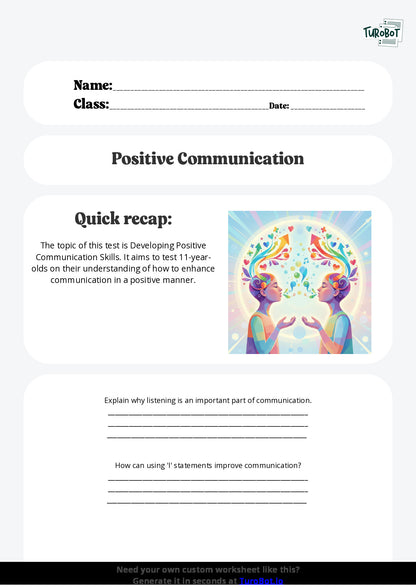 Free Worksheet - Year 6 Life Skills Developing Positive Communication Skills Short Answer Response