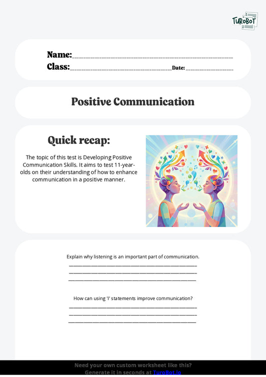 Free Worksheet - Year 6 Life Skills Developing Positive Communication Skills Short Answer Response