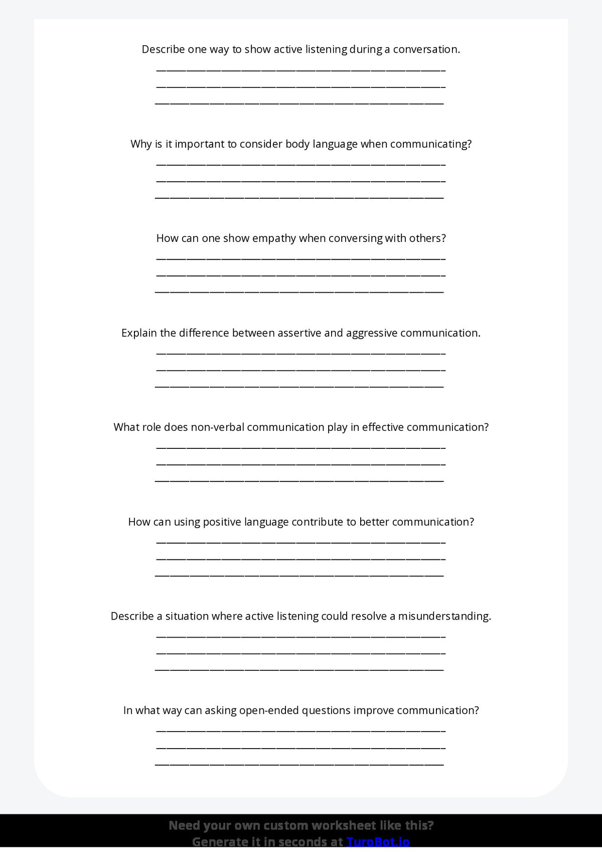 Free Worksheet - Year 6 Life Skills Developing Positive Communication Skills Short Answer Response