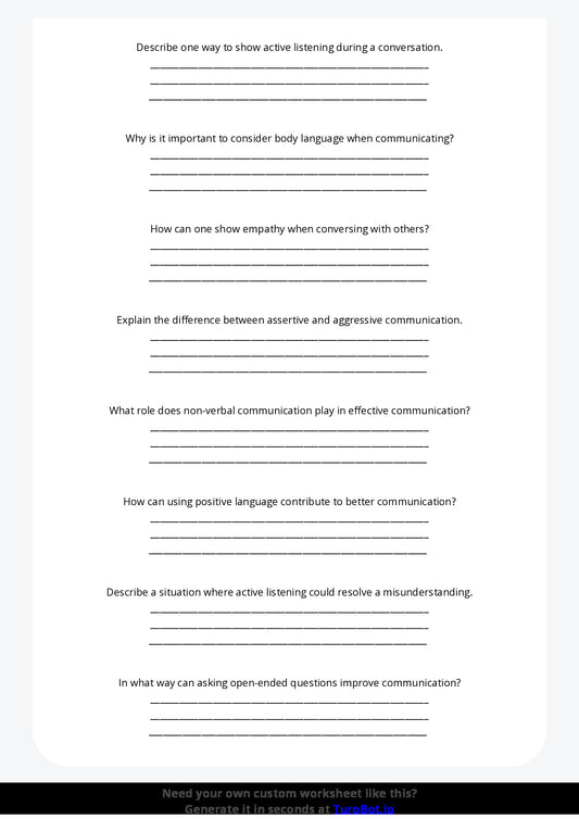 Free Worksheet - Year 6 Life Skills Developing Positive Communication Skills Short Answer Response
