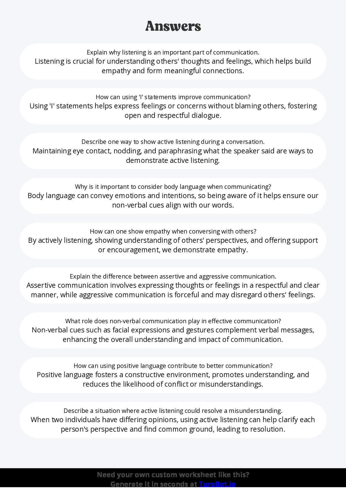 Free Worksheet - Year 6 Life Skills Developing Positive Communication Skills Short Answer Response
