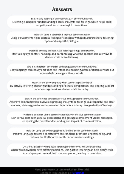 Free Worksheet - Year 6 Life Skills Developing Positive Communication Skills Short Answer Response