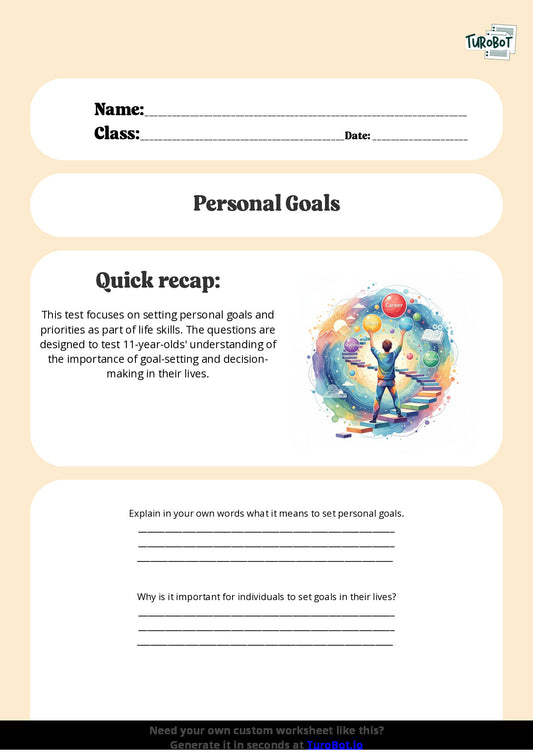 Free Worksheet - Year 6 Life Skills Setting Personal Goals and Priorities Short Answer Response