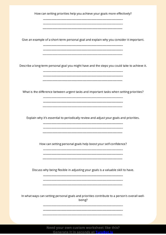 Free Worksheet - Year 6 Life Skills Setting Personal Goals and Priorities Short Answer Response