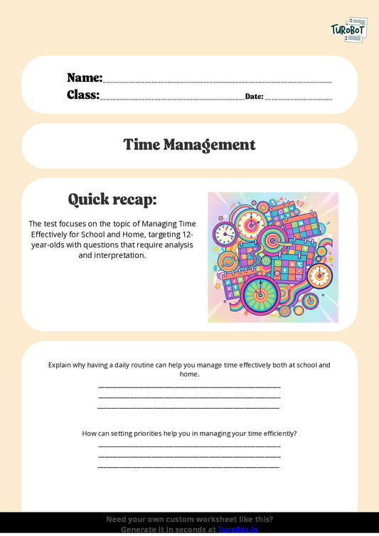 Free Worksheet - Year 7 Life Skills Managing Time Effectively for School and Home Short Answer Response