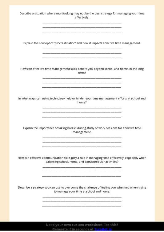 Free Worksheet - Year 7 Life Skills Managing Time Effectively for School and Home Short Answer Response