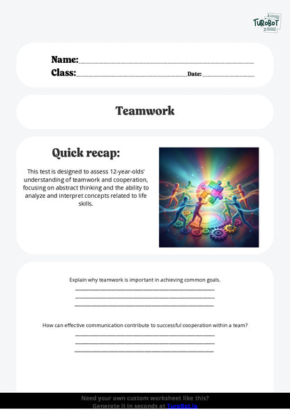 Free Worksheet - Year 7 Life Skills Understanding Teamwork and Cooperation Short Answer Response