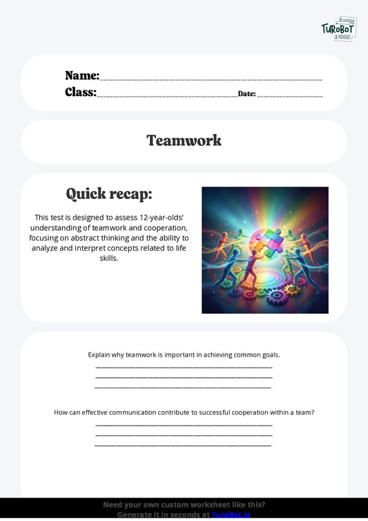 Free Worksheet - Year 7 Life Skills Understanding Teamwork and Cooperation Short Answer Response