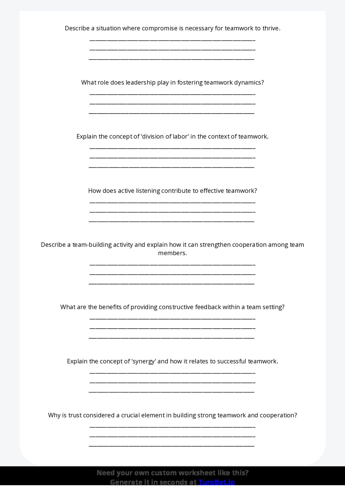 Free Worksheet - Year 7 Life Skills Understanding Teamwork and Cooperation Short Answer Response