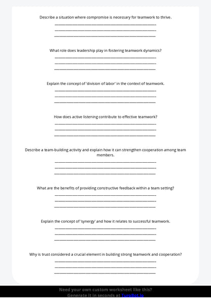 Free Worksheet - Year 7 Life Skills Understanding Teamwork and Cooperation Short Answer Response