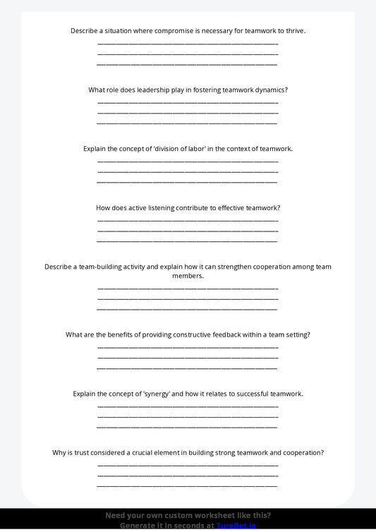 Free Worksheet - Year 7 Life Skills Understanding Teamwork and Cooperation Short Answer Response