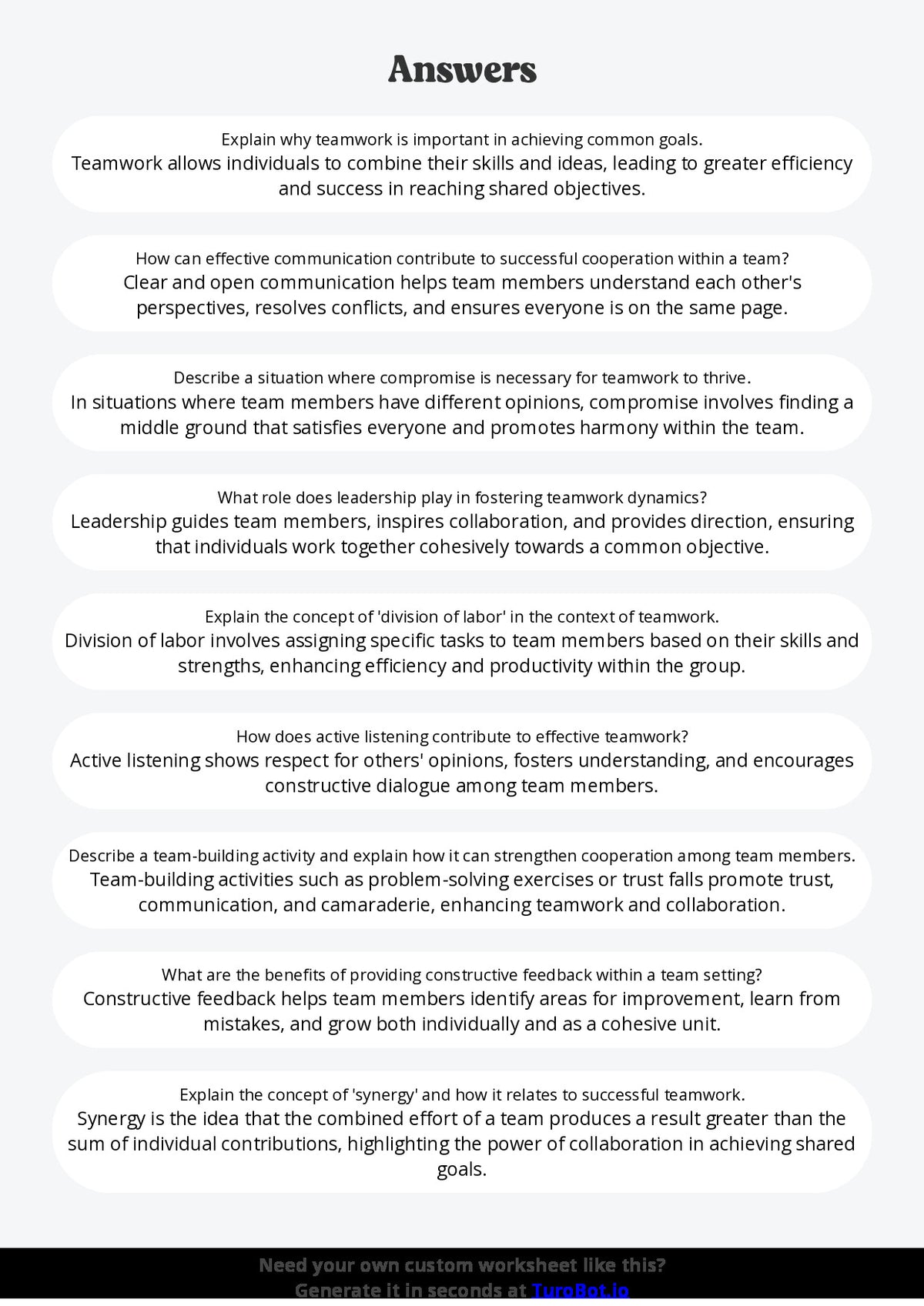 Free Worksheet - Year 7 Life Skills Understanding Teamwork and Cooperation Short Answer Response