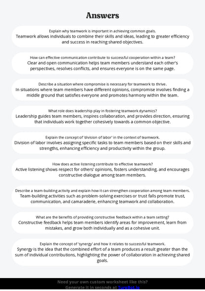 Free Worksheet - Year 7 Life Skills Understanding Teamwork and Cooperation Short Answer Response