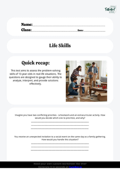 Free Worksheet - Year 8 Life Skills Problem Solving in Everyday Situations Short Answer Response