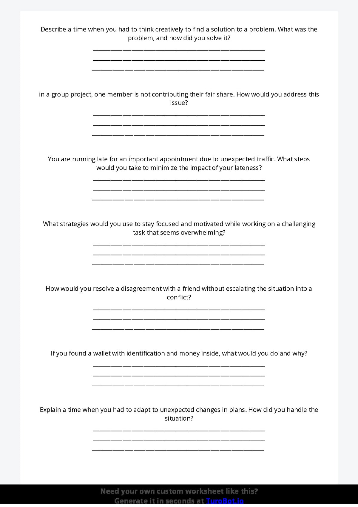 Free Worksheet - Year 8 Life Skills Problem Solving in Everyday Situations Short Answer Response