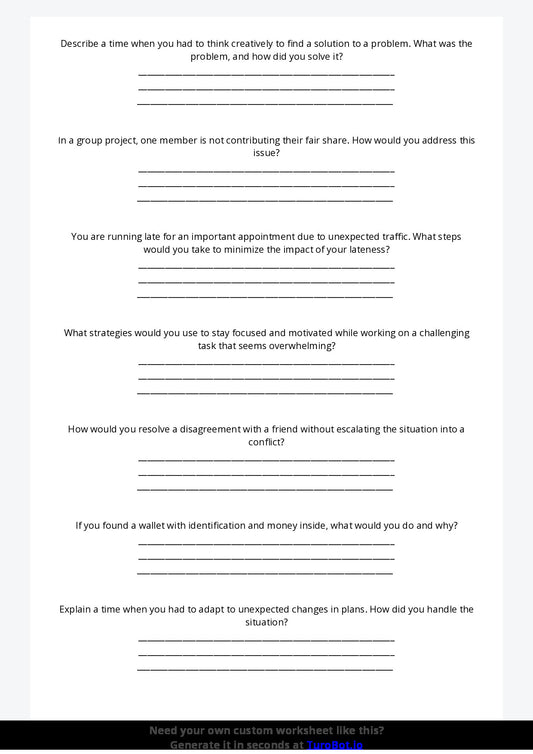 Free Worksheet - Year 8 Life Skills Problem Solving in Everyday Situations Short Answer Response