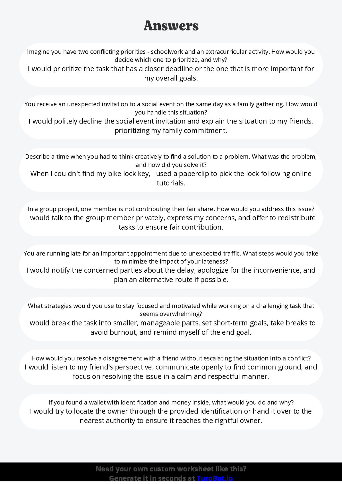 Free Worksheet - Year 8 Life Skills Problem Solving in Everyday Situations Short Answer Response