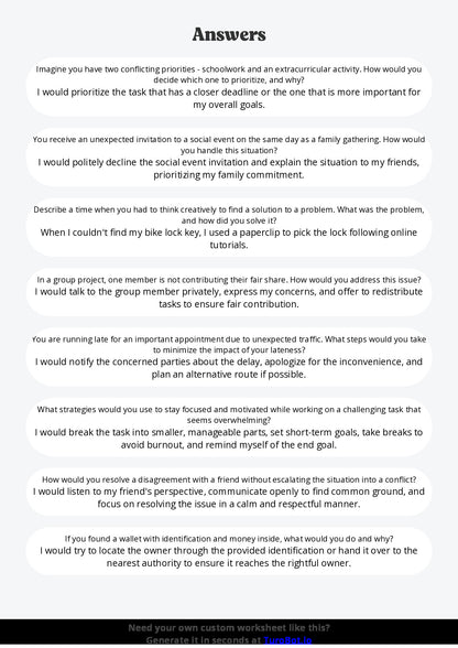 Free Worksheet - Year 8 Life Skills Problem Solving in Everyday Situations Short Answer Response