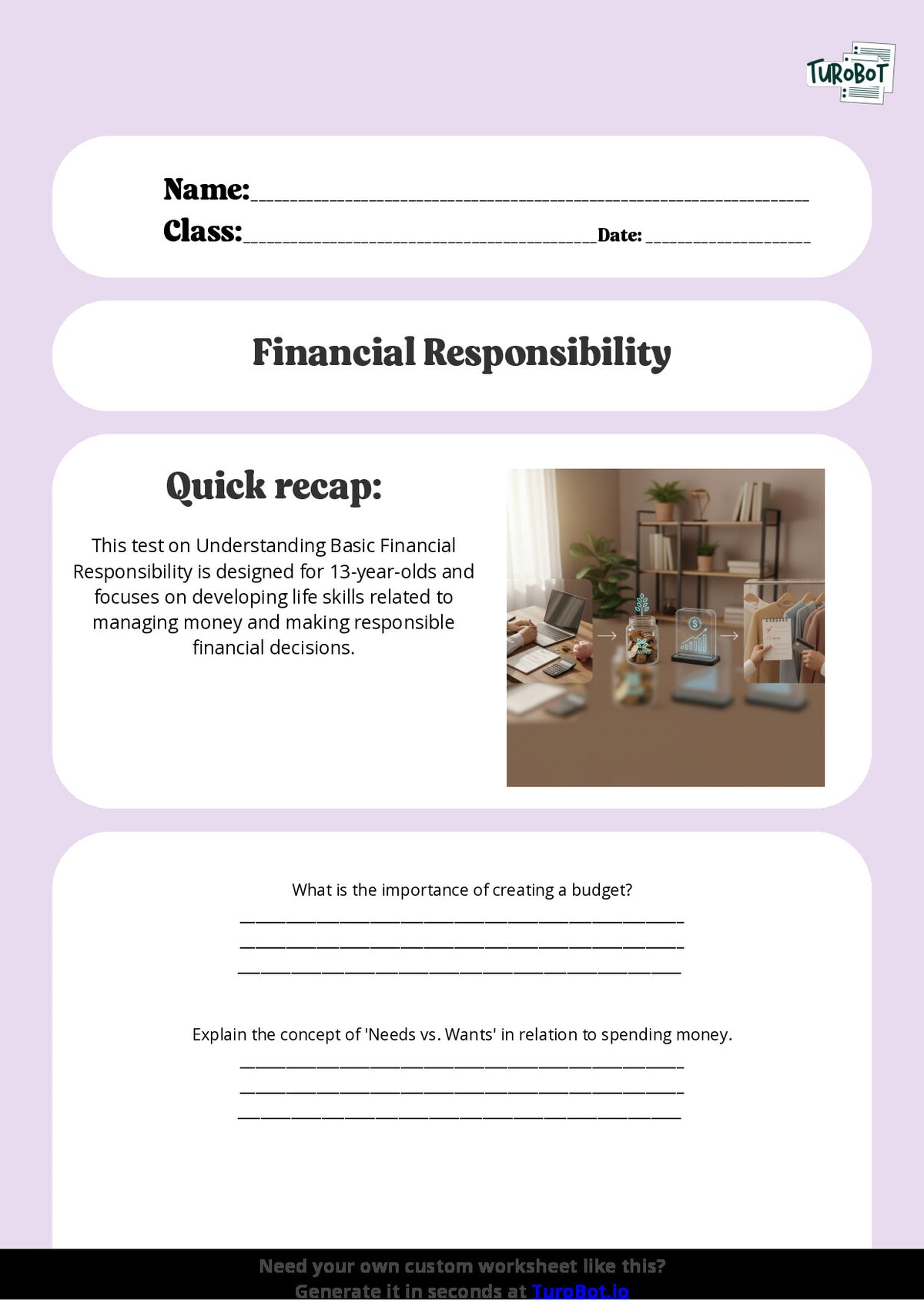 Free Worksheet - Year 8 Life Skills Understanding Basic Financial Responsibility Short Answer Response