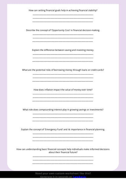 Free Worksheet - Year 8 Life Skills Understanding Basic Financial Responsibility Short Answer Response