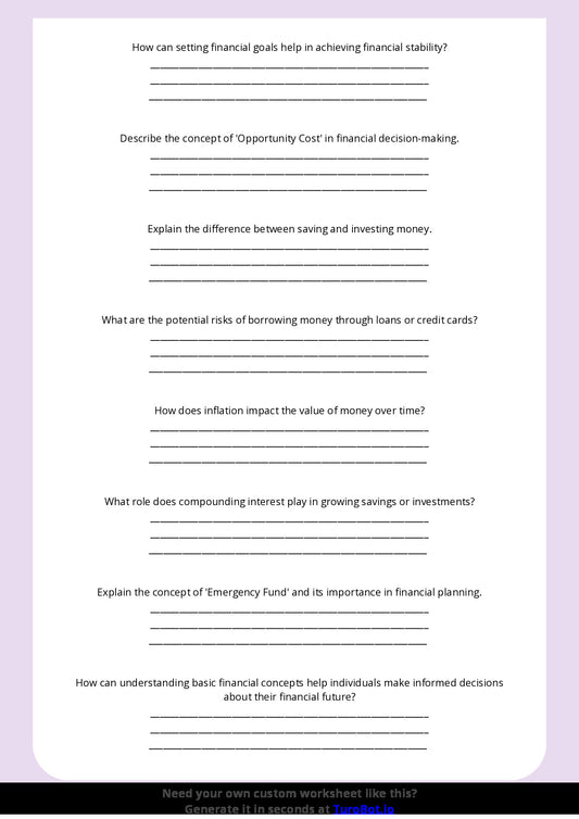 Free Worksheet - Year 8 Life Skills Understanding Basic Financial Responsibility Short Answer Response