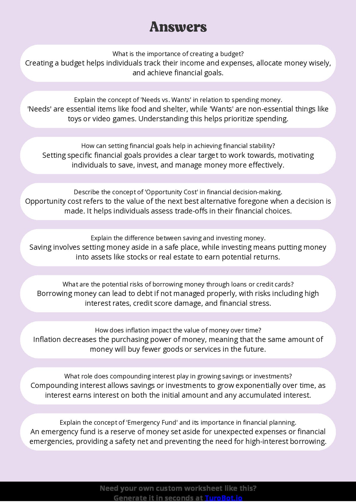 Free Worksheet - Year 8 Life Skills Understanding Basic Financial Responsibility Short Answer Response