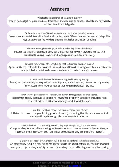 Free Worksheet - Year 8 Life Skills Understanding Basic Financial Responsibility Short Answer Response