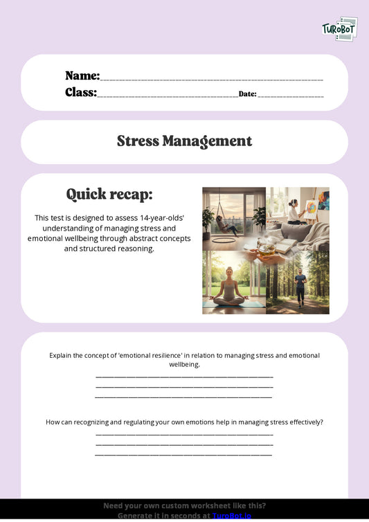 Free Worksheet - Year 9 Life Skills Managing Stress and Emotional Wellbeing Short Answer Response