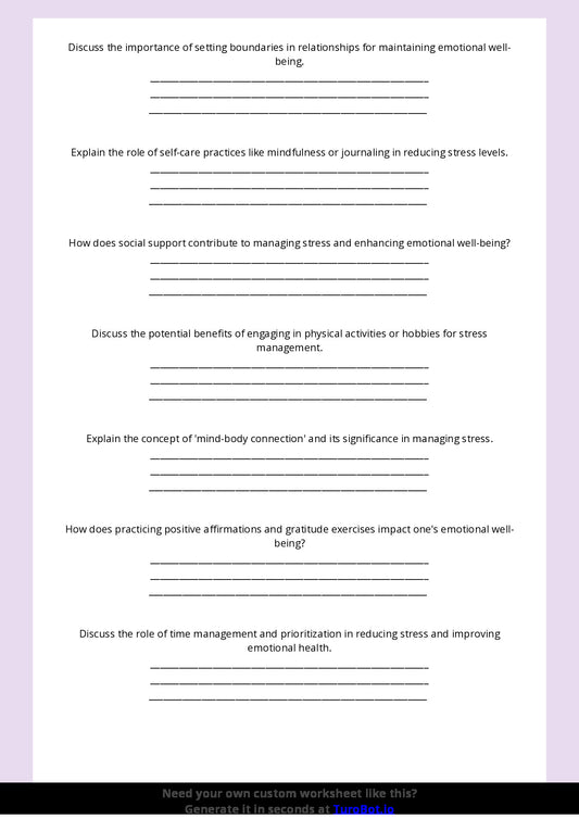 Free Worksheet - Year 9 Life Skills Managing Stress and Emotional Wellbeing Short Answer Response