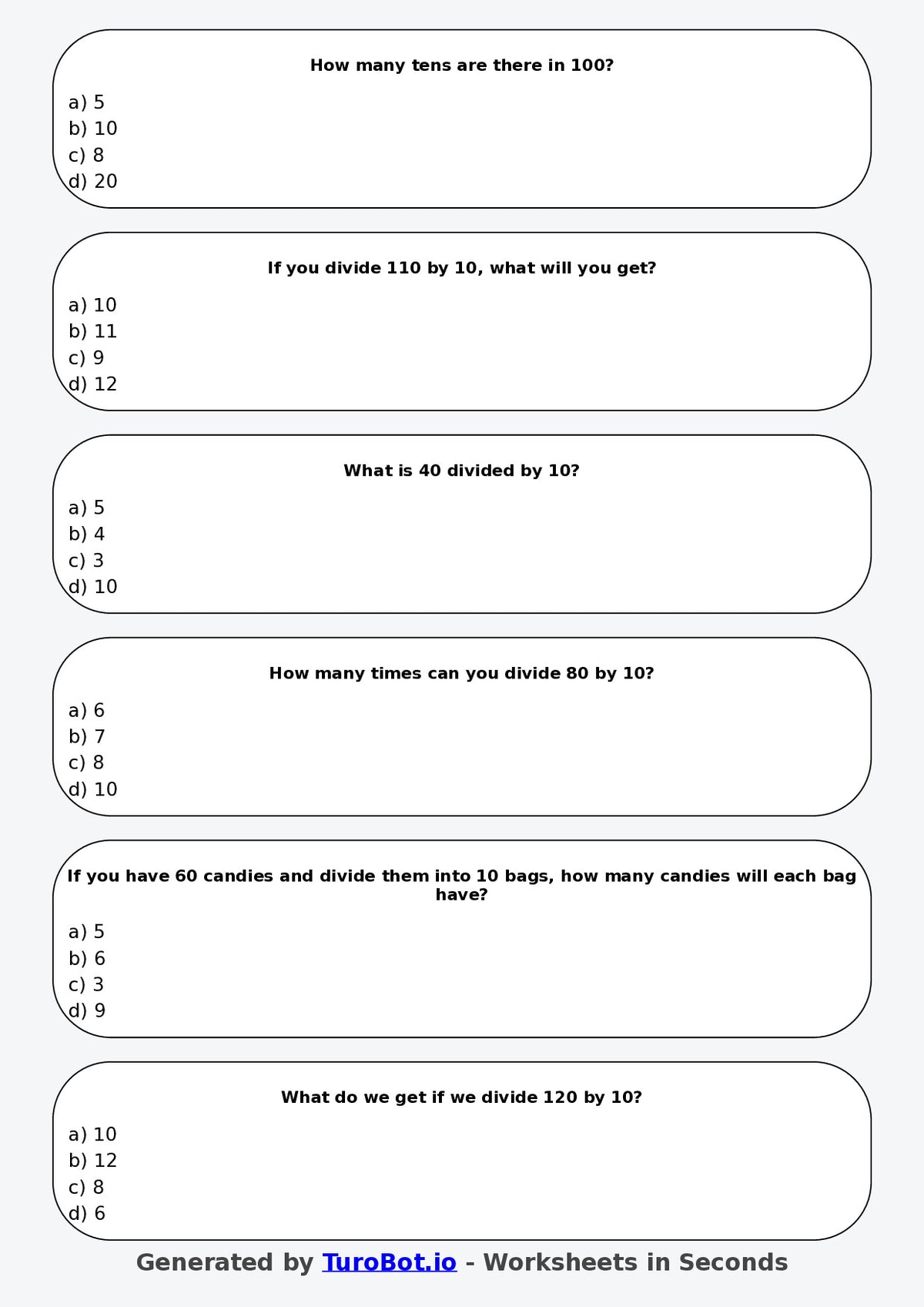Math - Division - Year 3 - Divide by 10