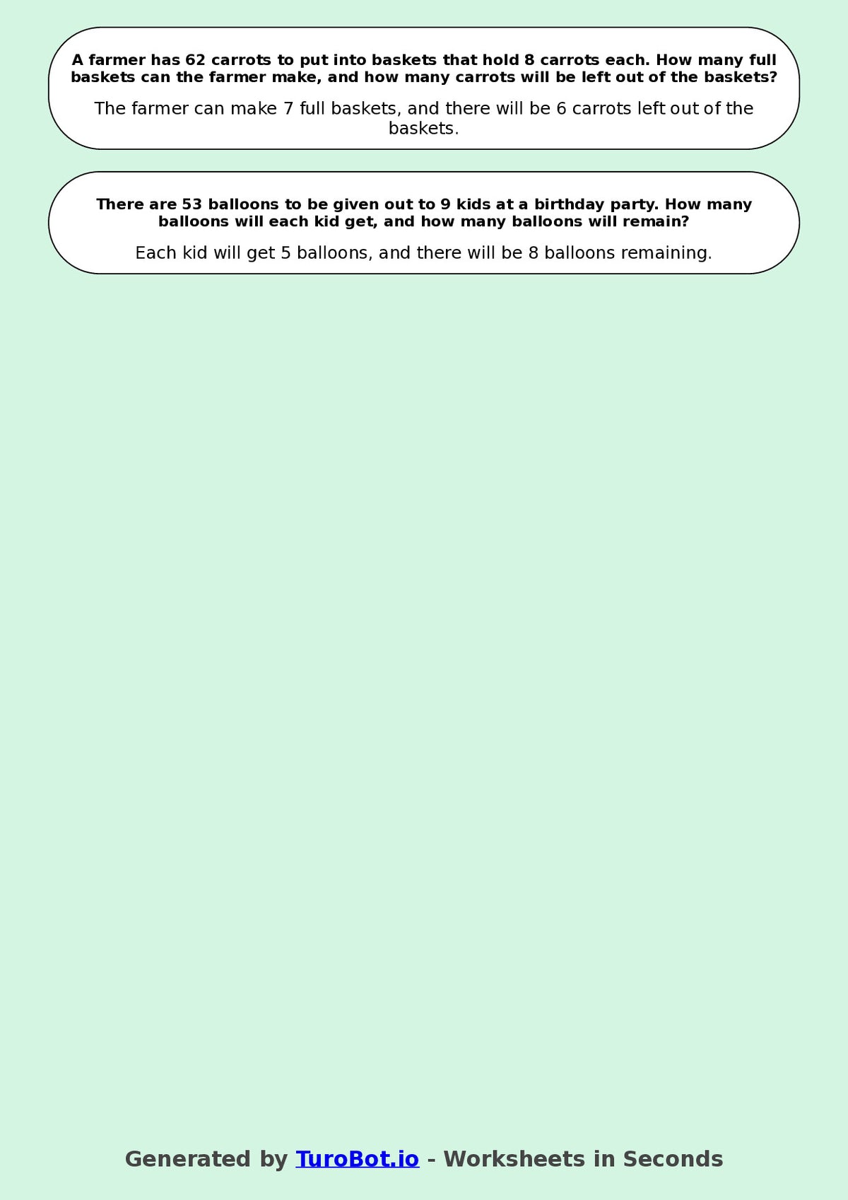 Math - Division - Year 3 - Word Problems Remainders