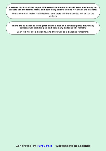 Math - Division - Year 3 - Word Problems Remainders