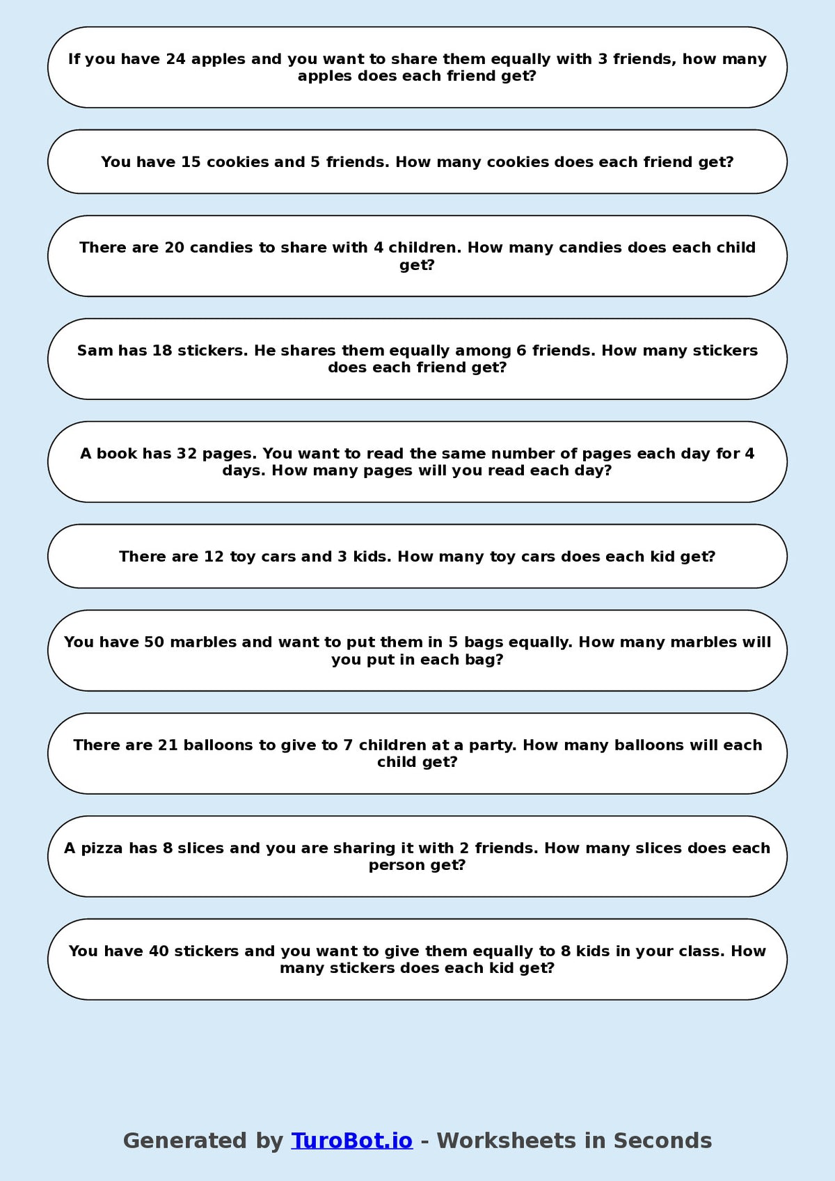 Math - Division - Year 3 - Word Problems Sharing Equally