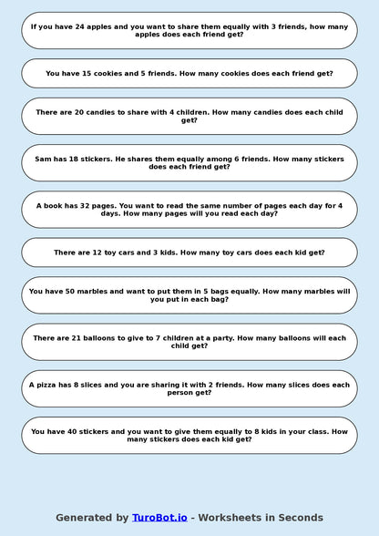 Math - Division - Year 3 - Word Problems Sharing Equally