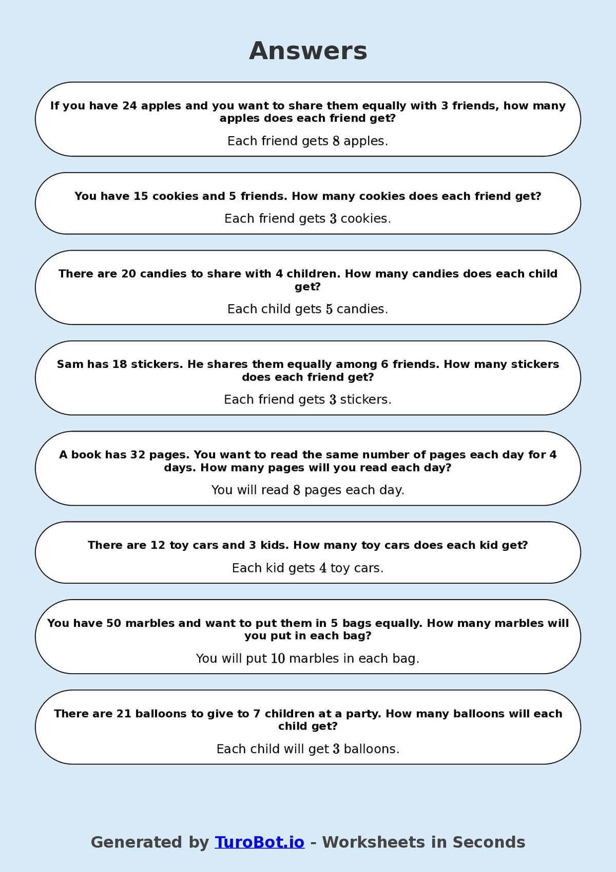 Math - Division - Year 3 - Word Problems Sharing Equally