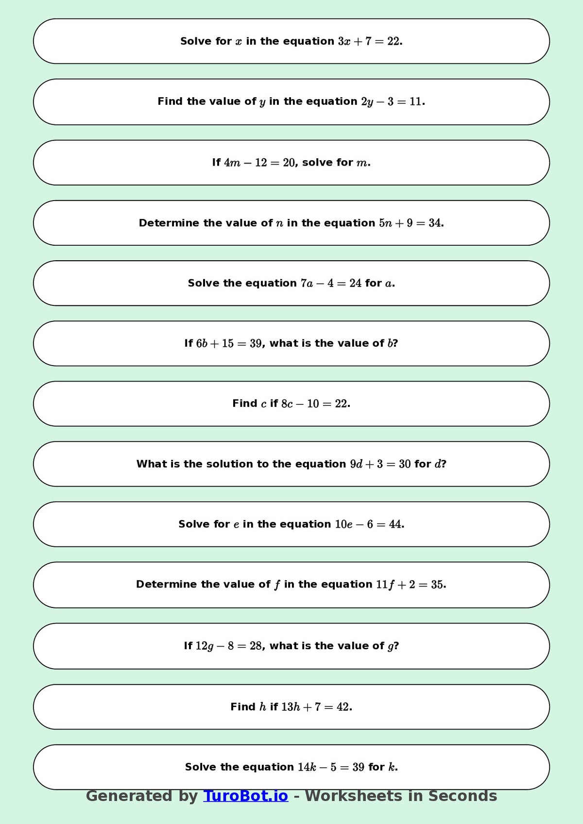 Math - Easy Equations Exercise 1 - Year 7 - Exercise 1