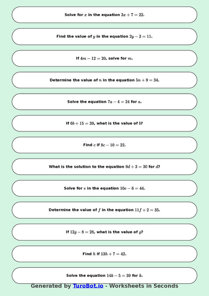 Math - Easy Equations Exercise 1 - Year 7 - Exercise 1