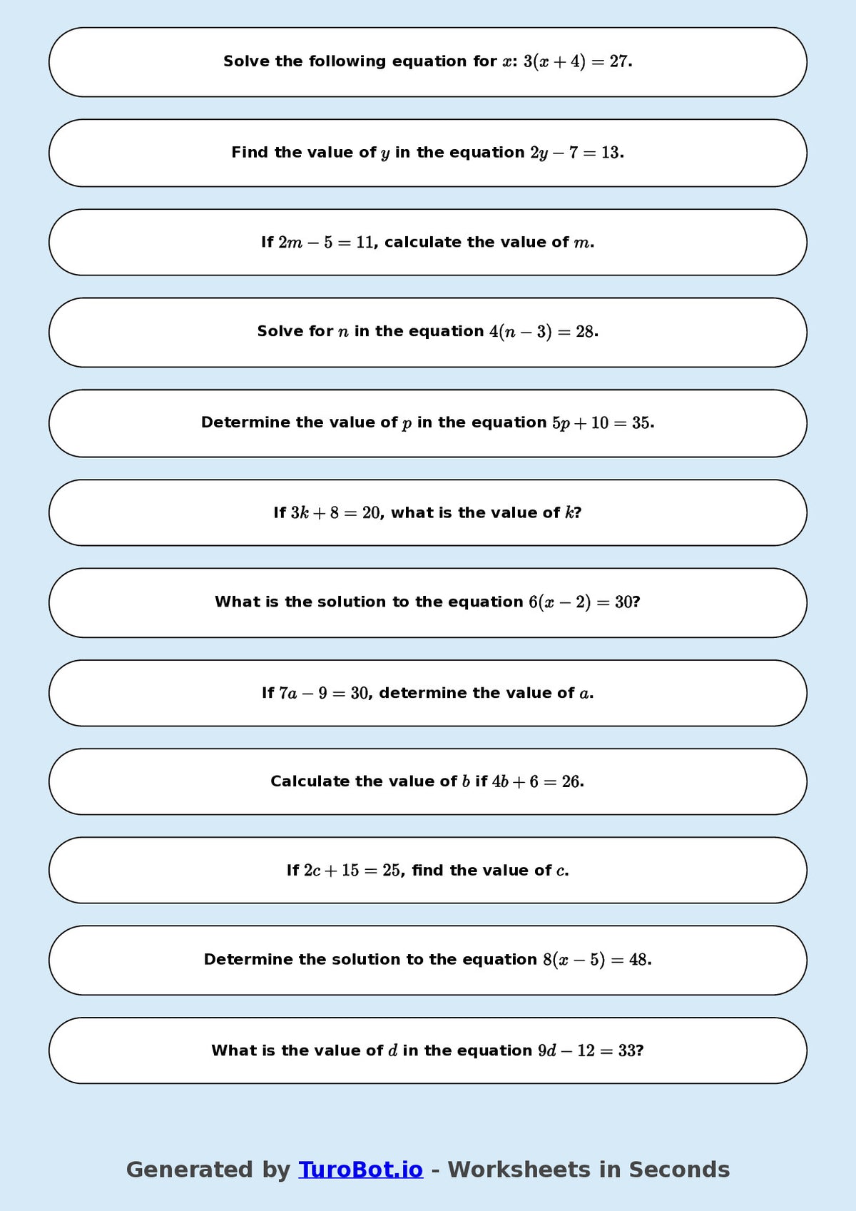 Math - Easy Multi-Step Equations Exercise 3 - Year 7 - Exercise 3