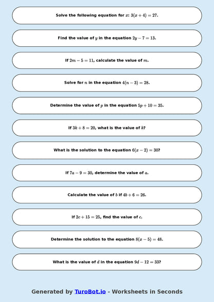 Math - Easy Multi-Step Equations Exercise 3 - Year 7 - Exercise 3