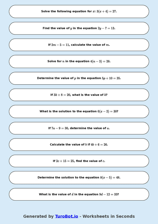 Math - Easy Multi-Step Equations Exercise 3 - Year 7 - Exercise 3